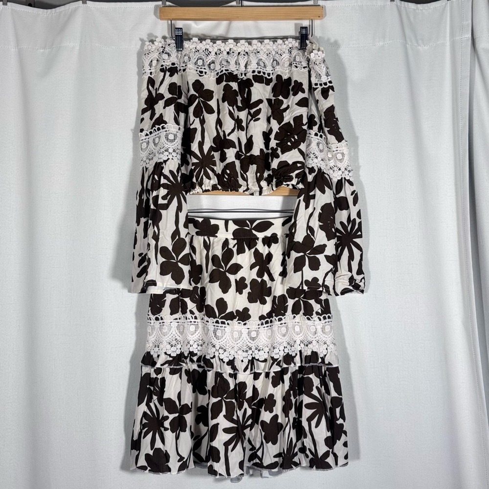 Boston Proper Brown & White Floral Two-Piece Skirt Set